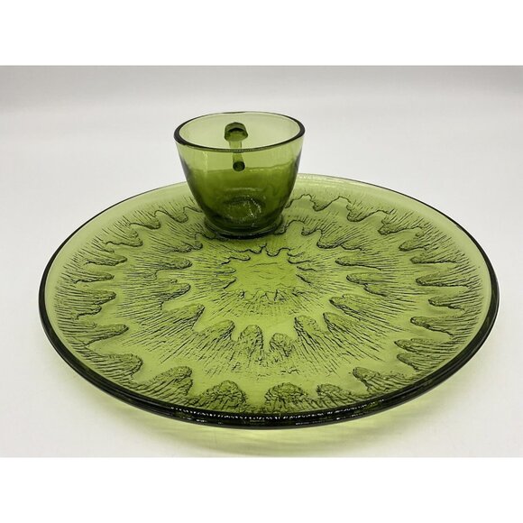Vintage Sunburst Green by Indiana Glass Snack Plate & Cup Set Textured USA MCM - Picture 13 of 16